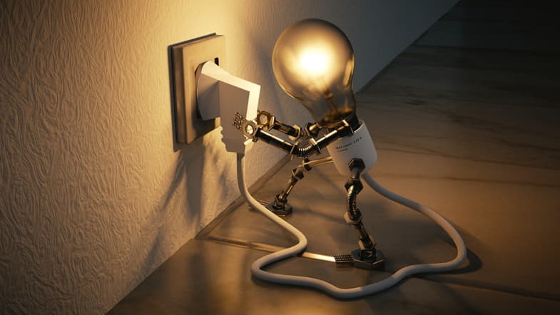Animated light bulb trying to light up by plugging in an electric plug